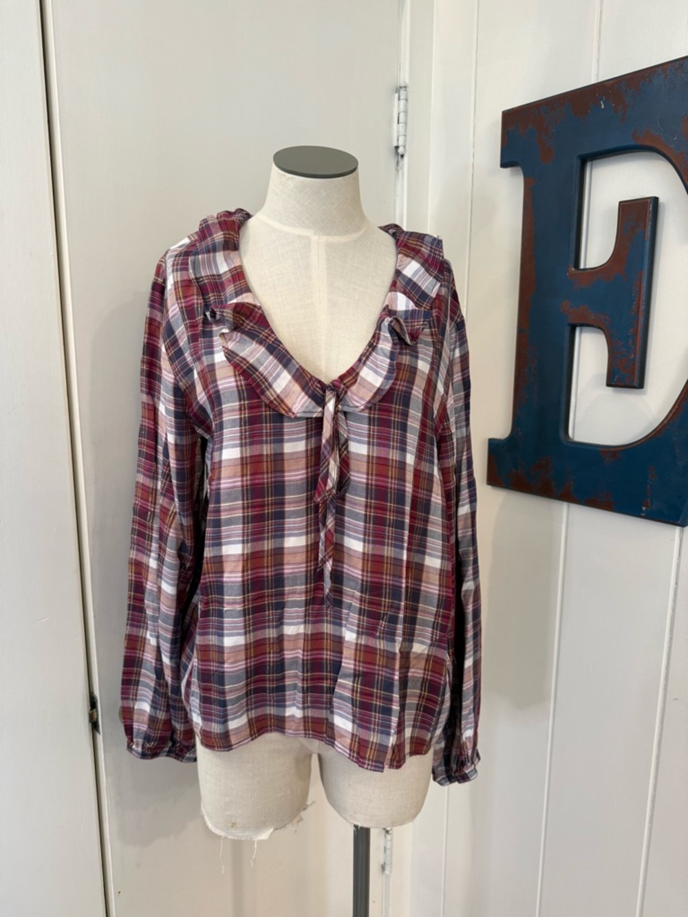 Plaid Tie-Neck Long-Sleeve Top - Burgundy Plaid with metallic thread Sz L NWT